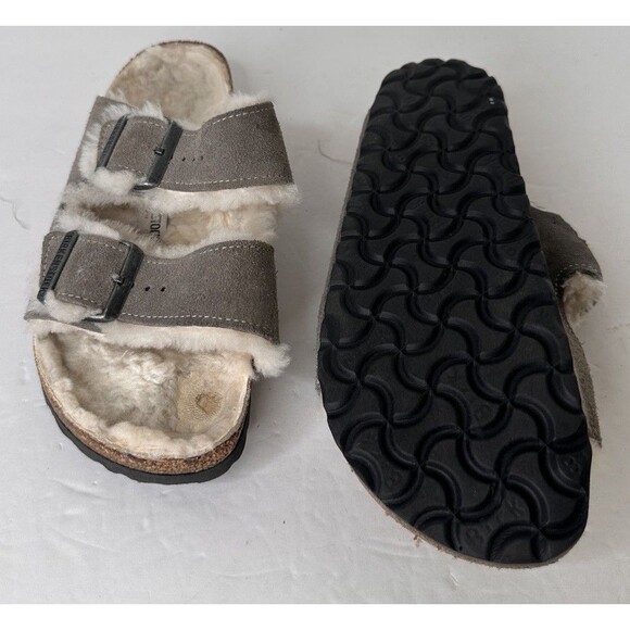 Birkenstock Shearling Sandals 39 Suede Leather Stone